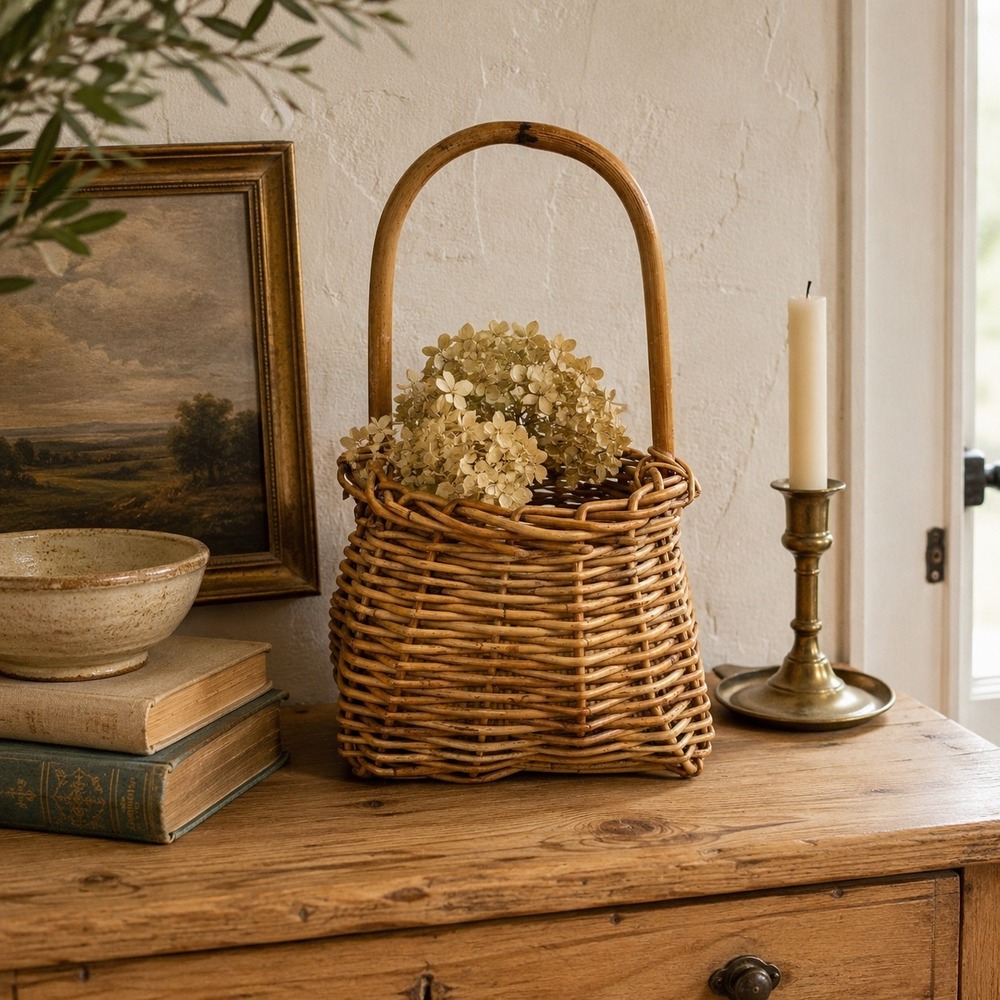 Vintage Wicker Gathering Basket with Handle English Cottage Shelf Decor